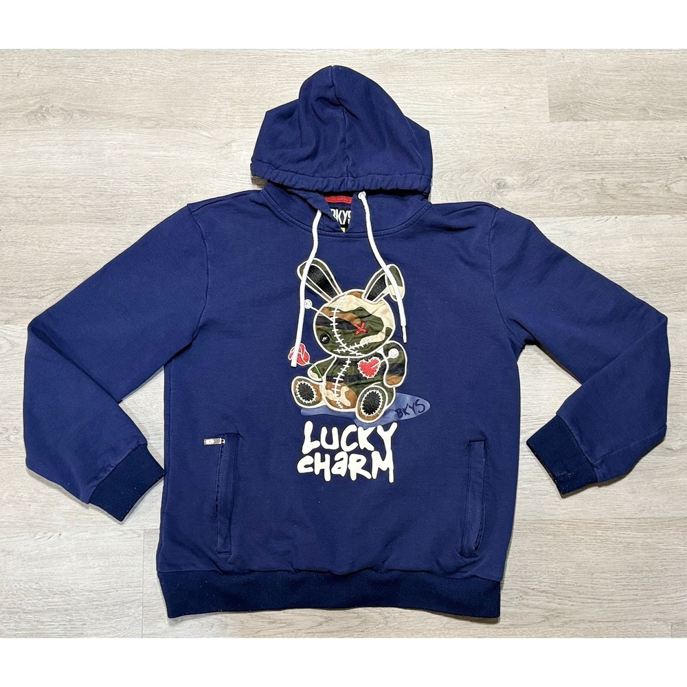BKYS Lucky Charm Hoodie Men's Size L Navy Blue Pullover Bunny Pullover Pockets